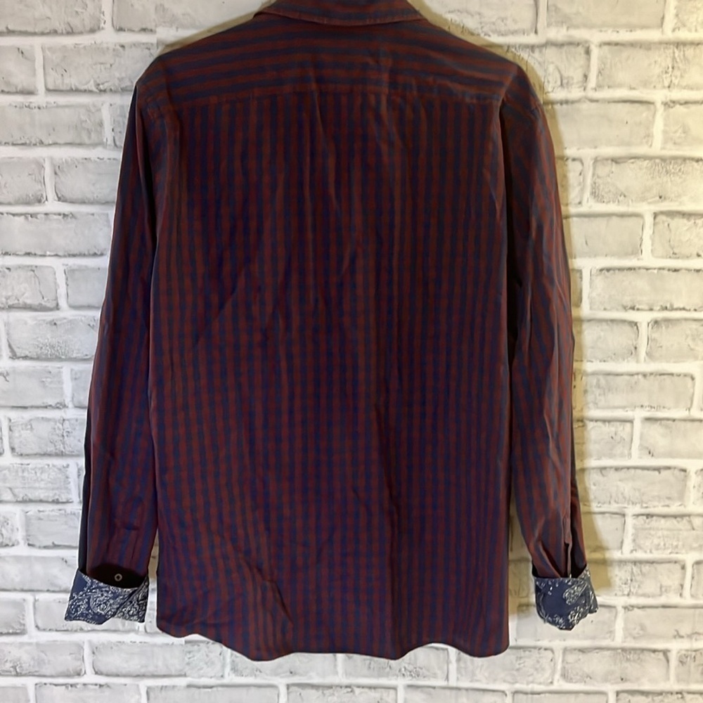 Benson men’s plaid cotton long sleeve dress shirt, size, large, maroon, and blue - Picture 5 of 9